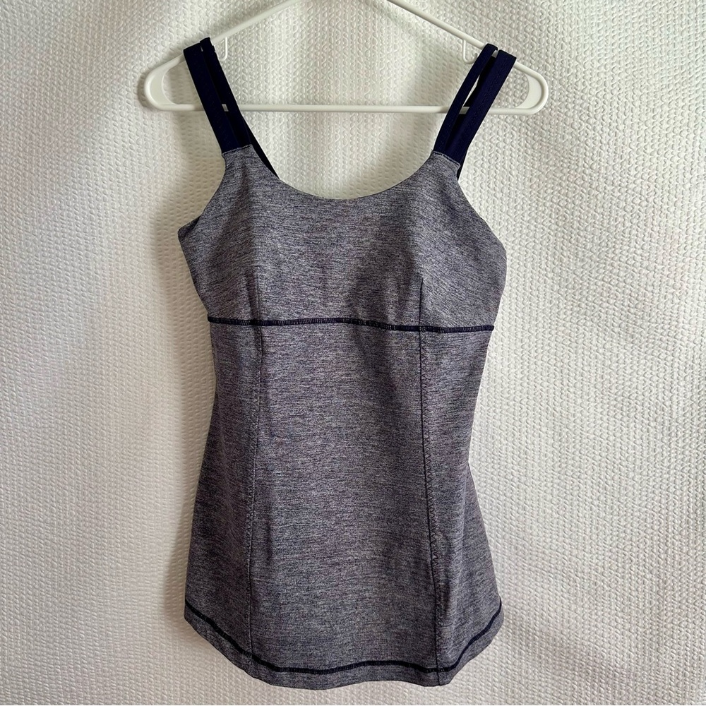 LULULEMON Active Strength Tank Top Size 8 Gray Navy Built In Bra Workout Yoga